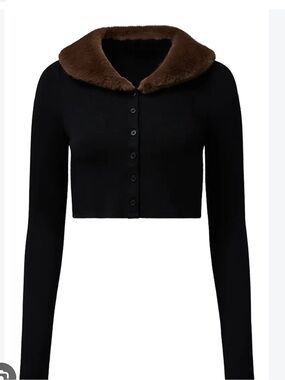 Black Cropped Cardigan with Brown Faux Fur Collar
